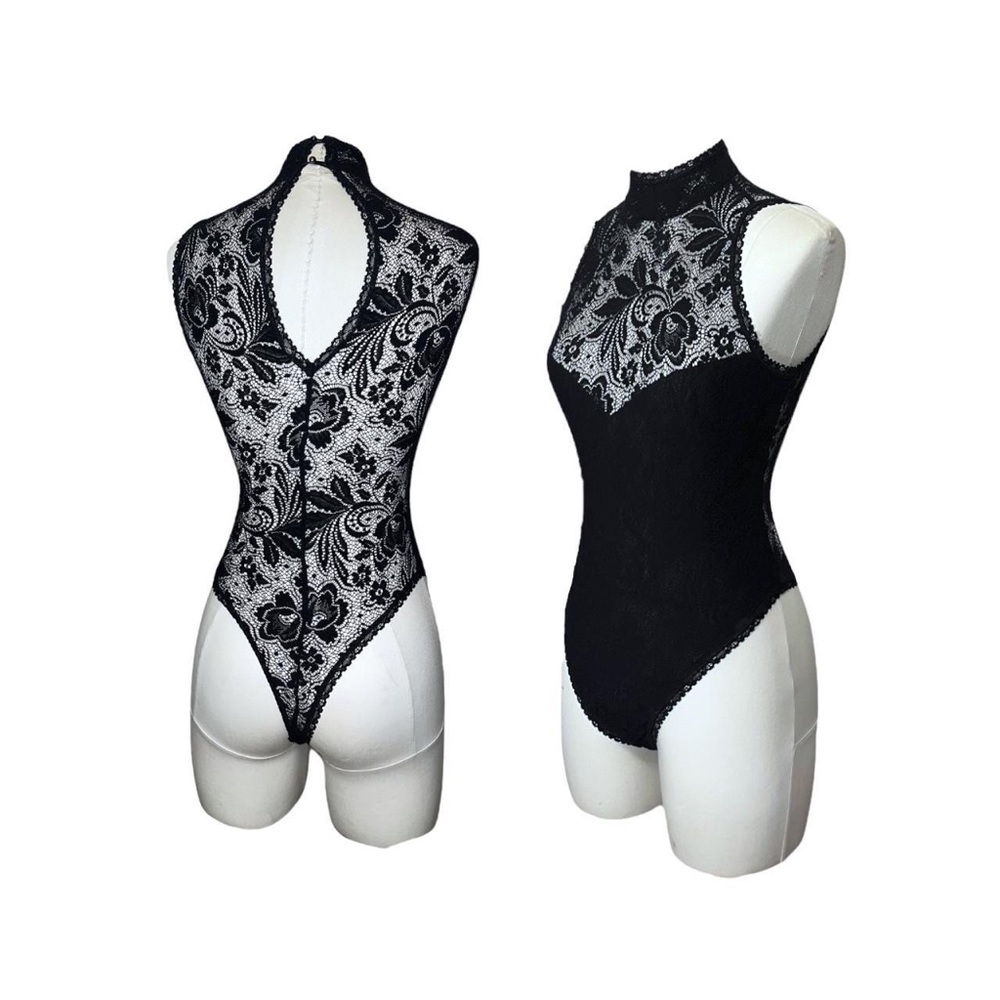 Vintage Shirley of Hollywood Lace Bodysuit Black Mock Neck Sheer Panel M